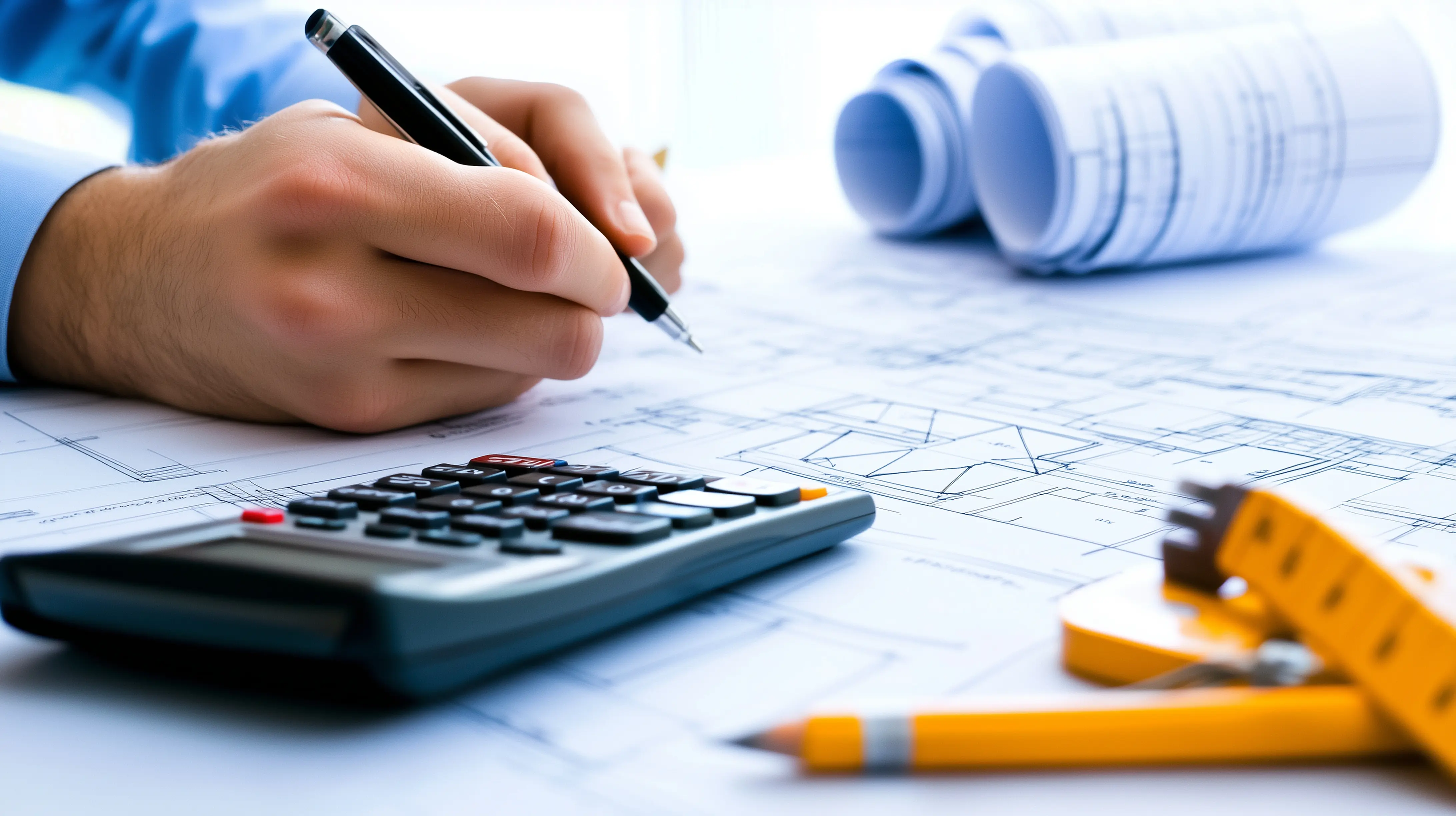 Commercial flooring budget planning with blueprints and calculator for Chicago facility projects
