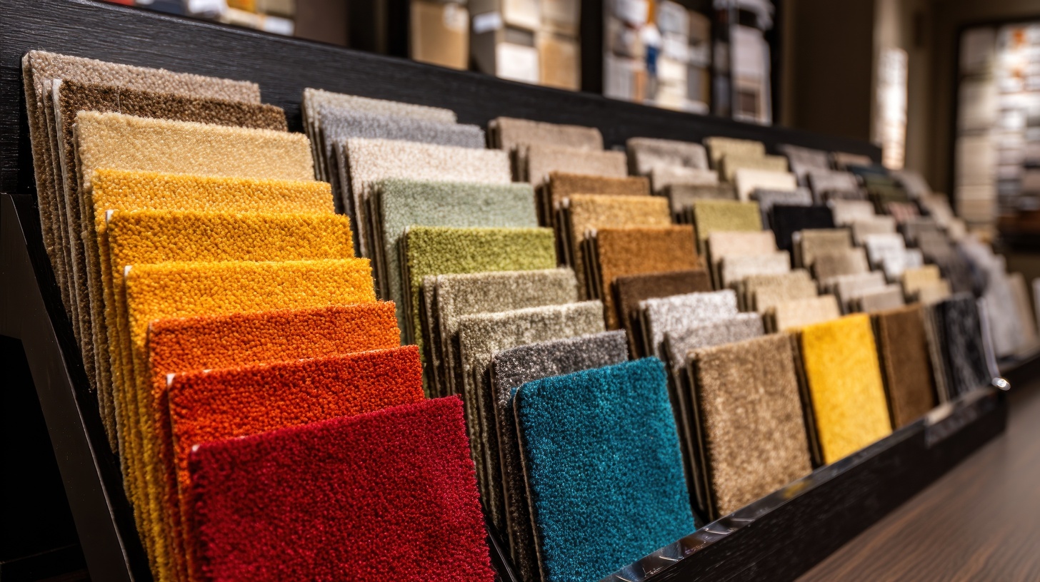 Colorful carpet samples displayed on a rack